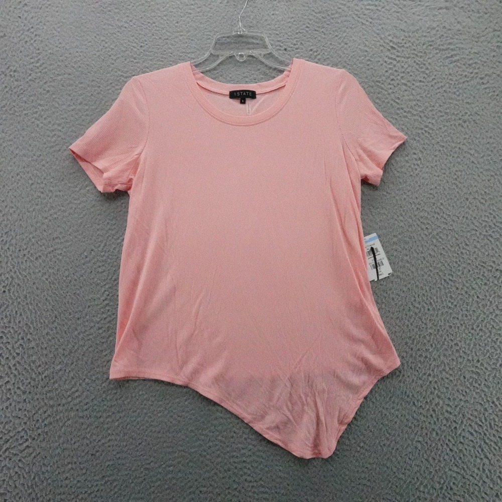 1 STATE Womens Pink Ribbed Short Sleeve Asymmetrical Hem Top Small NEW